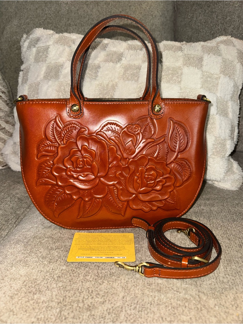 Patricia Nash Embossed Rose Leather Crossbody in Cognac